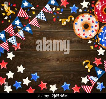 Unabhängigkeitstag festliche hölzerne Hintergrund mit Girlanden von Nationalflaggen Konfetti Sterne und Gebäck realistische Vektor-Illustration Stock Vektor