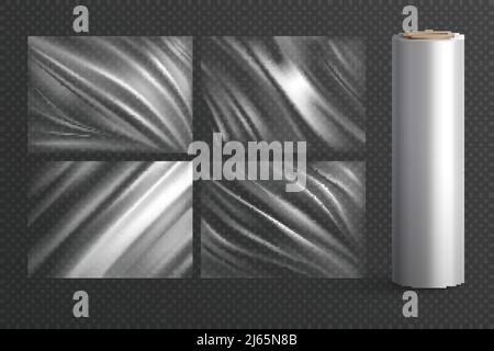 Vier isolierte leere Verpackung Textur Polyethylen-Pakete und Kunststoffrolle Auf transparentem Hintergrund realistische Vektordarstellung Stock Vektor