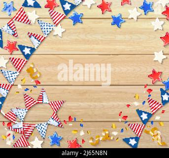 Unabhängigkeitstag feiert Design-Komposition mit nationalen Fahnen Konfetti Sterne Serpentin auf Holzhintergrund realistische Vektordarstellung Stock Vektor