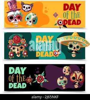 Dead Day Feier 3 bunte Hintergrund horizontale Banner mit gesetzt Lustige ornamentierte Schädel Masken isoliert Vektor-Illustration Stock Vektor