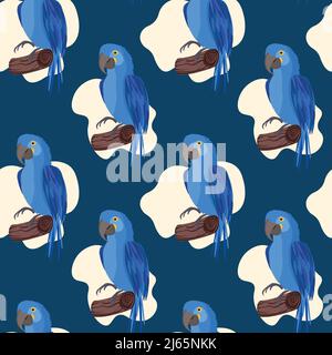 Nahtloses Muster mit niedlichen Cartoon Papagei Vogel auf Ast. Vektor-Illustration für Tapete, Stoff, Textil. Sommerlicher exotischer Druck. Tropischer Papagei Stock Vektor