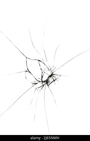 Zerbrochenes Glas auf Fenster isolierter Riss auf weißem Hintergrund. Cracks Konzept für Design. Stockfoto