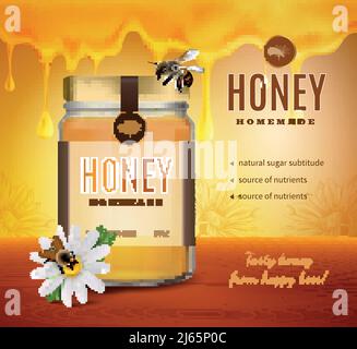 Honig Werbekomposition mit realistischem Bild der Produktverpackung Flasche Mit Markenname und bearbeitbarer Text-Vektorgrafik Stock Vektor