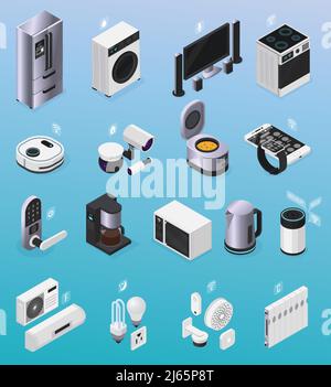 IOT Smart Home ferngesteuerte elektronische Geräte isometrische Symbole Sammlung Mit Kühlschrank tv Herd Kaffeemaschine Vektor Illustration Stock Vektor