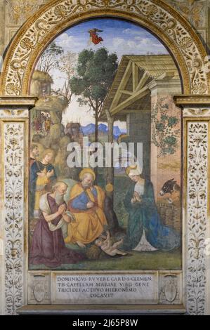Rom. Italien. Basilica di Santa Maria del Popolo. Die Kapelle Della Rovere (La Cappella Della Rovere). Die Anbetung des Kindes mit dem hl. Hieronymus, Fresko Stockfoto