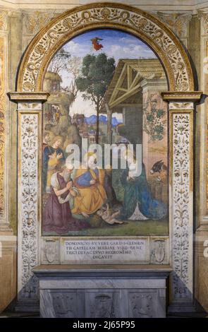 Rom. Italien. Basilica di Santa Maria del Popolo. Die Kapelle Della Rovere (La Cappella Della Rovere). Die Anbetung des Kindes mit dem hl. Hieronymus, Fresko Stockfoto