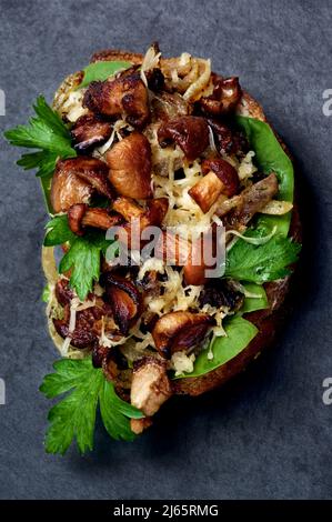 Köstliche geröstete Sandwiches Crostini mit gerösteten Chanterellen, Käse, Petersilie und geschnittenen Zwiebeln auf Vollkornbrot auf Schiefergrund Stockfoto