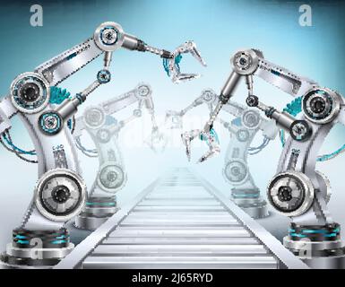 Vollautomatische Produktionslinie Fördersystem mit Roboterarmen ausgestattet Realistische isometrische Komposition Licht Hintergrund Vektor Illustration Stock Vektor