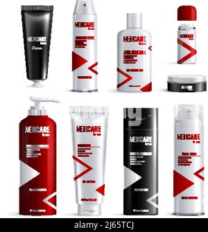Herren Kosmetik-Flaschen Design isoliert realistische Symbol Set mit Mann Abbildung des Care-Logos Stock Vektor
