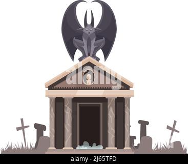 Dunkles Übel mit ausgebreiteten Flügeln, die auf dem Dach der sitzen Friedhof Krypta in der Nähe von Gräbern mit Kreuzen Cartoon-Vektor-Illustration Stock Vektor