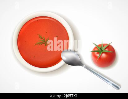 Realistische Tomatensuppe Zusammensetzung mit Draufsicht auf Tischplatte Und Löffel mit reifen Tomatenfrucht Vektor-Illustration Stock Vektor