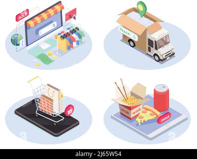 Vier Shopping e-Commerce isometrische Kompositionen mit konzeptuellen Bildern von gesetzt Piktogramme für Unterhaltungselektronik und Vektorgrafik für Waren Stock Vektor