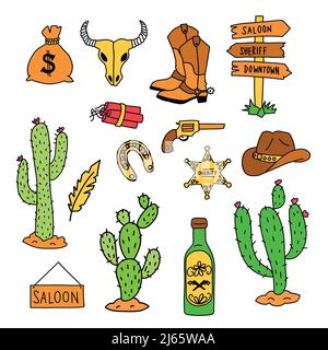 Wild West-Vektor-Symbolsatz. Cowboystiefel, hengst, Getränk, Dynamit, Sheriff-Sternabzeichen, Geld isolierte Objekte. Wild West Illustration Design für Dekor Stock Vektor