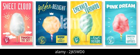 Set von vier isolierten realistische Süßigkeiten Zucker Baumwolle Plakate mit Bunte Kompositionen von Bildern und Text Vektor Illustration Stock Vektor