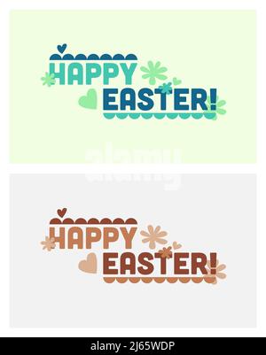 Set von modernen typografischen Flachdesign-Postern mit Happy Easter-Text in Grün- und Brauntönen. Designs mit floralen Elementen und Herzformen. Stock Vektor