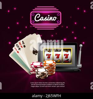 Dunkle Casino realistische Komposition mit leuchtendem Schild und isolierten Attributen Der Spiele Vektor Illustration Stock Vektor