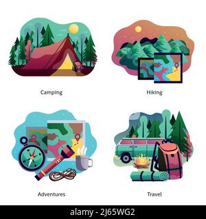 Wandern Camping Reise Abenteuer 4 abstrakte Symbole Konzept Design mit Zelt van touristischen Zubehör isoliert Vektor-Illustration Stock Vektor