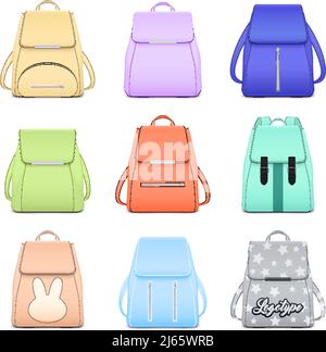Realistischer Schulrucksack Elegantes Set mit neun isolierten Bildern von Stilvolle Buchtaschen für Mädchen Vektor-Illustration Stock Vektor