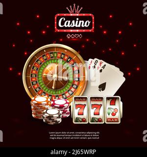 Glühende Casino realistische Zusammensetzung mit goldenen russischen Roulette-Karten und Slot Maschinen Vektor-Illustration Stock Vektor