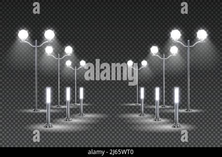 Outdoor-Garten Beleuchtung Design mit hohen Laternen und Solar-LED Straßenbeleuchtung dunkel transparent Hintergrund Vektor-Illustration Stock Vektor