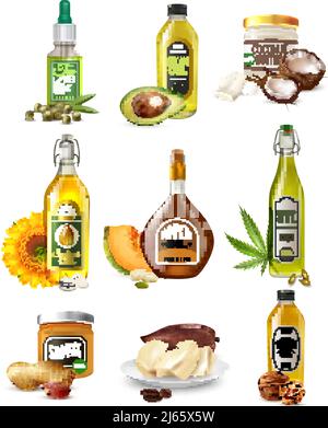 Set von realistischen pflanzlichen Ölen aus Samen, Nüsse und Früchte in Flaschen und Gläser isoliert Vektor-Illustration Stock Vektor