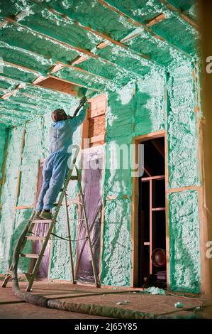 Männlich Baumeister isolierenden Holzrahmen Haus. Mann Arbeiter sprühen Polyurethan-Schaum in der zukünftigen Hütte, stehend auf der Leiter, mit Plural Komponente Pistole. Bau- und Isolierkonzept. Stockfoto