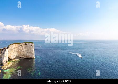 Old Harry Rocks in der Nähe von Studland in Dorset. Englische Touristenattraktion. Weiße Klippen an sonnigen Tagen Stockfoto