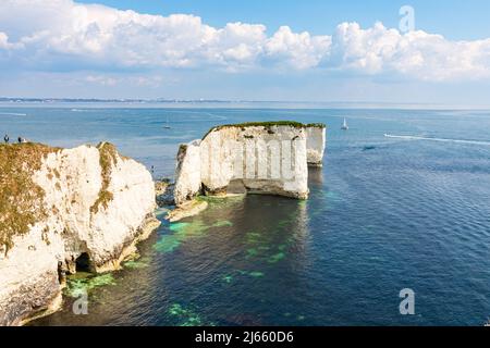 Old Harry Rocks in der Nähe von Studland in Dorset. Englische Touristenattraktion. Weiße Klippen an sonnigen Tagen Stockfoto