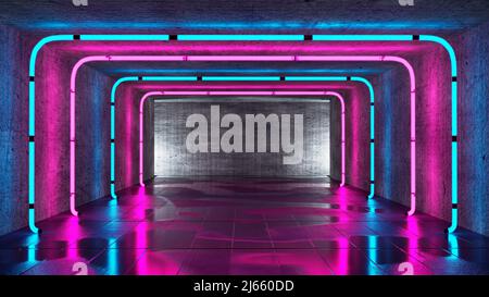 Abstract futuristischer Sci Fi Betonraum mit verschiedenen leuchtenden Neonlichtern und Reflexionen Raum für Text 3D Rendering Stockfoto