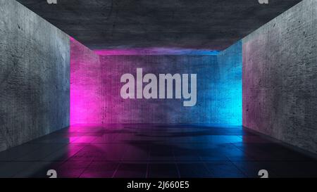 Dunkler Cyber SciFi-Hintergrund mit Neonlichtern bei Nacht in einer Gasse oder Garage (Abbildung 3D) Stockfoto