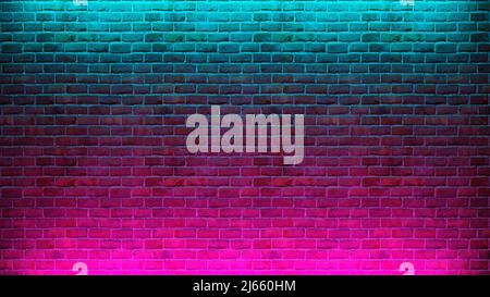 Moderne futuristische Neonlichter auf dem Hintergrund eines alten gemauerten Wandzimmers. 3D Abbildung Stockfoto