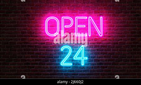 24 Stunden geöffnetes Neon-Schild an der Ziegelwand. 3D Abbildung Stockfoto