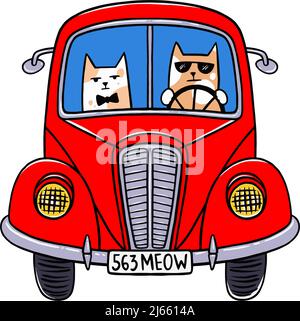 Niedliche Cartoon-Katze fährt ein rotes Auto. Vektorgrafik Stock Vektor