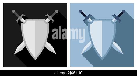 Paar gekreuzte Schwerter vor dem Hintergrund des Ritterschildes. Emblem der königlichen Familie. Einfacher, flacher Vektor Stock Vektor