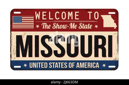 Willkommen bei Missouri vintage rostigen Nummernschild auf weißem Hintergrund, Vektor-Illustration Stock Vektor