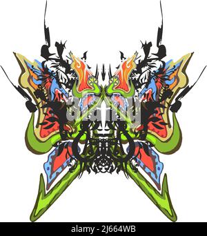 Gruselige Schmetterlingsflügel mit bunten Schlangenmotiven auf Weiß. Monster Tribal Schmetterling Flügel mit Blumen- und Schlangenelementen für Ferien und Events, etc. Stockfoto