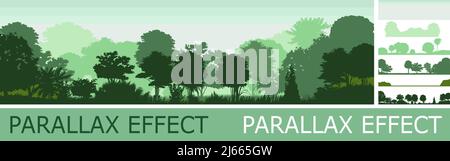 Sommergrüne Waldsilhouette mit Parallax-Effekt. Sommerlandschaft Dschungel. Panoramablick. Landschaftlich schön grün. Laubdarstellung. Vektor Stock Vektor
