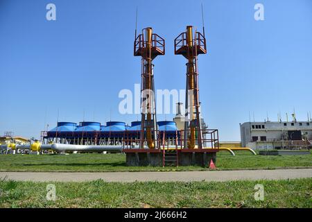 Breclav, Tschechische Republik. 28. April 2022. Kompressor-Tankstelle in Breclav, Teil des Getriebesystems NET4GAS, Tschechische Republik, 28. April 2022. Quelle: Vaclav Salek/CTK Photo/Alamy Live News Stockfoto