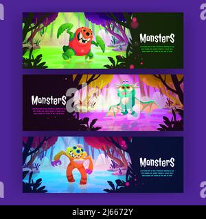 Monster Poster mit niedlichen fremden Tieren in Waldsumpf. Vektor-horizontales Banner mit Cartoon-Fantasy-Illustration von magischen Wäldern Landschaft und Fant Stock Vektor
