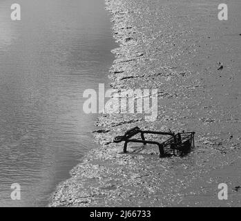 Shopping Trolley in den Mud and Water of Holes Bay Estuary, Poole UK geworfen und verlassen Stockfoto