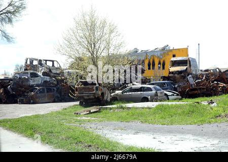 Non Exclusive: HOSTOMEL, UKRAINE - 27. APRIL 2022 - Autos, die von russischen Truppen zerstört wurden, werden auf dem Gelände des Flughafens Antonov, einer internationalen Ca Stockfoto