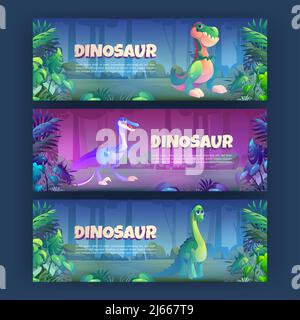 Cartoon-Banner mit Dinosauriern brontosaurus, tyrannosaurus rex und Triceratops prähistorischen Tieren im Dschungel Regenwald. Einladungsflyer für Jurassic Stock Vektor