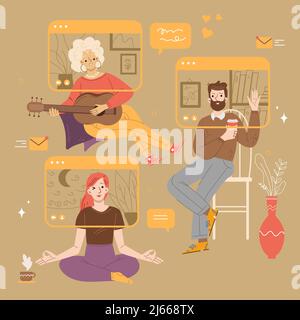 Menschen unterhalten sich per Video, virtuelle Online-Konferenz, Computerbildschirme mit Figuren meditieren, Gitarre spielen, Kaffee trinken. Freunde Fernkommunikation, Stock Vektor