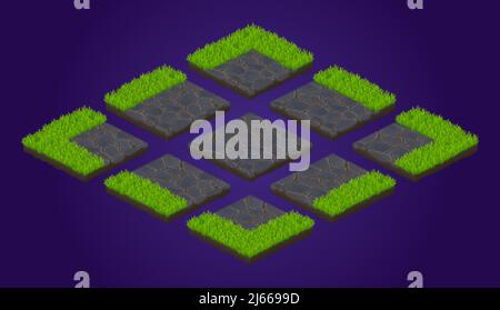Isometrische Bodenfliesen Spiel Textur, Pflaster Steine mit Rasen Gras. Benutzeroberflächenelemente für den Landschaftsbau und die Weltgestaltung. Garten oder Bauernhof isoliert Stock Vektor
