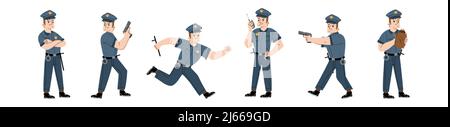 Polizist, Polizist oder Wachmann in blauer Uniform mit Mütze, Schlagstock und Handschellen. Vektor-flache Illustration von Mann Cop mit Walkie Talkie, ai Stock Vektor