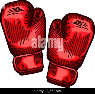Rote Boxhandschuhe skizzieren auf isoliertem weißem Hintergrund. Vintage Sportausrüstung für Kickboxen in gravierter Optik. Vektor handgezeichnetes Design für poste Stock Vektor
