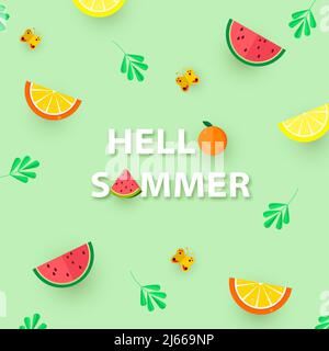 Hallo Sommer. Quadratisches Banner mit Zitrone, Orange, Wassermelonenscheiben, Blättern und Schmetterlingen. Vektor Stock Vektor