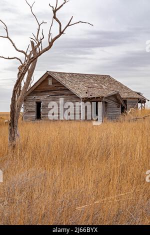Garden City, Kansas - ein verlassenes Haus auf einem Bauernhof im Südwesten von Kansas im späten Winter. Stockfoto
