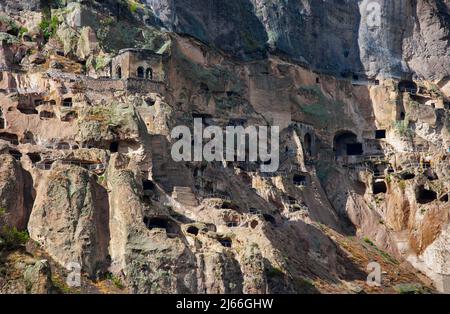Hoehlenstadt Wardsia, Hoehlenwohnungen, UNESCO Welterbe, Achalkalaki, Samzche-Dschawachetien. Georgien Stockfoto