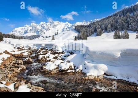 Blick von Lutertannen mit Bachlauf Luteren im Vordergrund und dem tief verschneite Alpsteinmassiv mit Saentis im Hintergrund, Appenzell, Schweiz Stockfoto